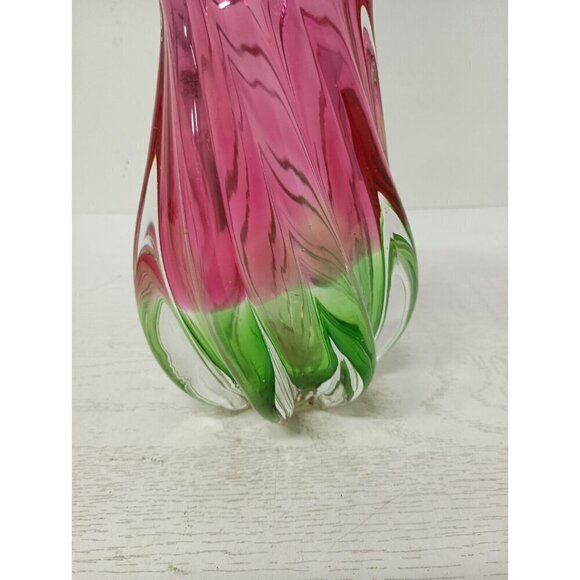 VTG Watermelon Twist Pink Green Art Glass Hand Blown Murano Style Vase 7.5" - Picture 2 of 10